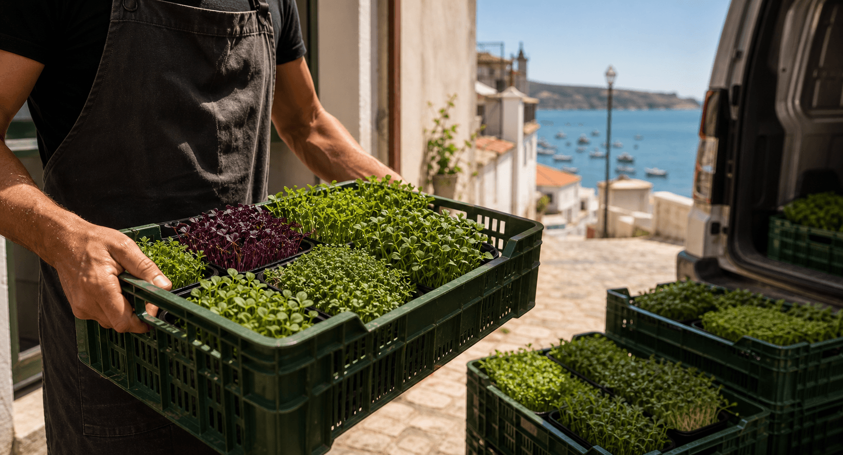 Microgreens delivery crates in the Western Algarve