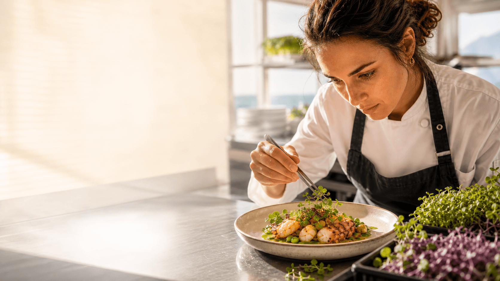 Chef finishing a plated dish with fresh microgreens