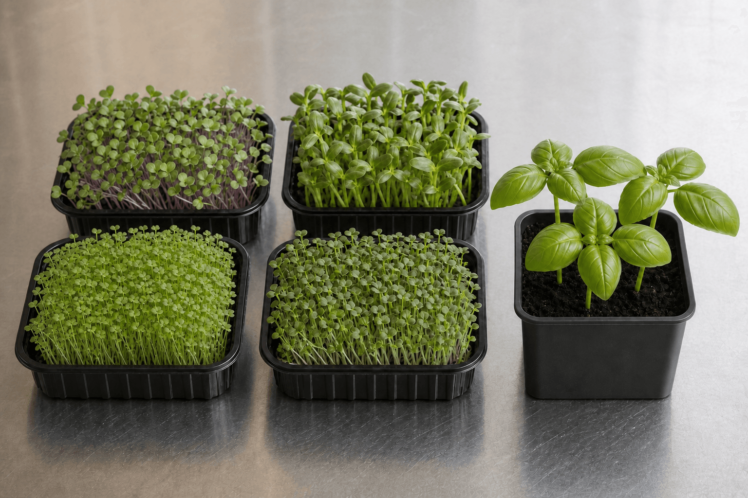 Living microgreen trays with Genovese Basil in an 8x8 cm pot