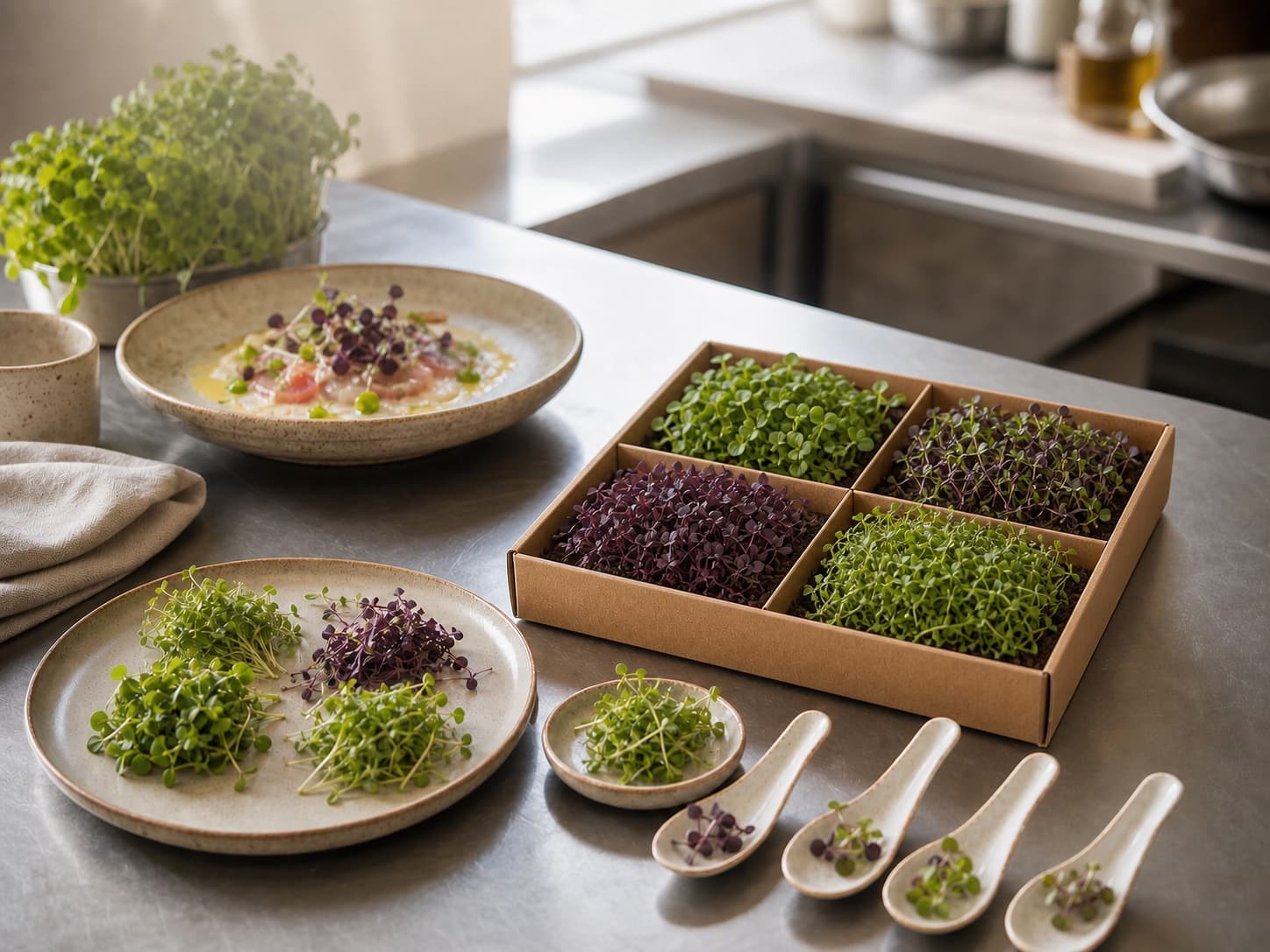 Microgreens tasting box with chef tasting plates